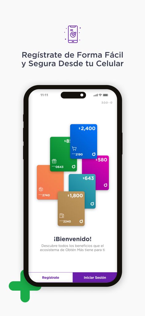 Obtén Más - Pantalla de bienvenida de la aplicación móvil Obten Mas que muestra múltiples tarjetas de pago digitales con saldos y opciones de inicio de sesión.