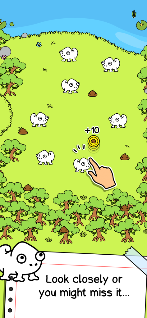 Chameleon Evolution - Cartoon chameleons on a green field with a hand pointer clicking to earn coins