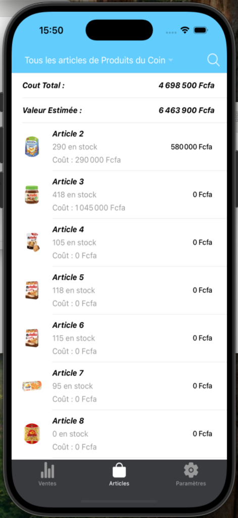 Gesta+ Tableau de bord - Panel de inventario de la aplicación móvil Gesta plus que muestra los niveles de stock y el valor estimado de varios artículos minoristas