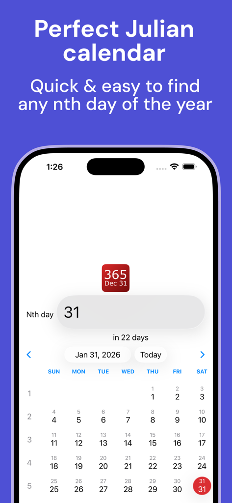 Interfaccia dell'app calendario data giuliana che mostra la conversione dell'n-esimo giorno dell'anno.
