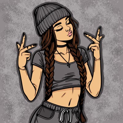 realistic teenage girl with braids and a beanie and crop top doing 🫶🏼