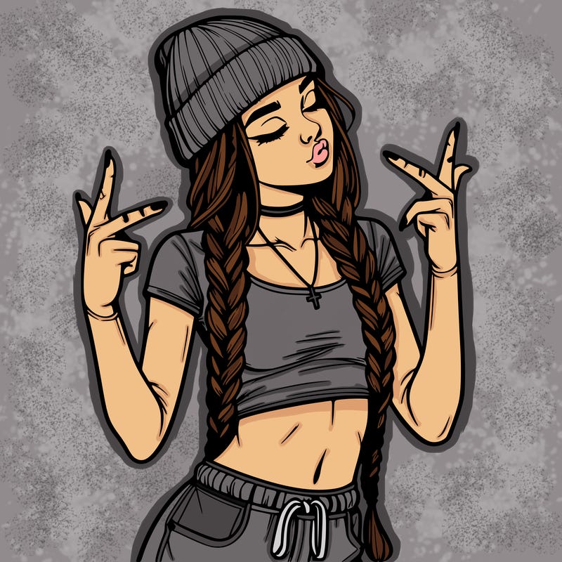 realistic teenage girl with braids and a beanie and crop top doing 🫶🏼