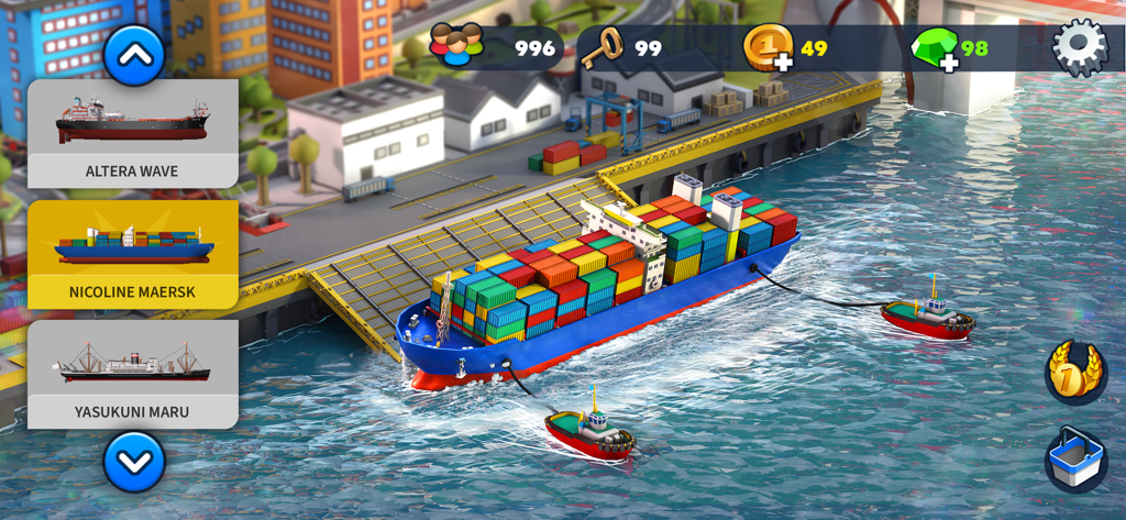 Port City: Ship Simulator - Un gran buque de carga cargado con contenedores coloridos atracado en un puerto en el juego Port City Ship Simulator.