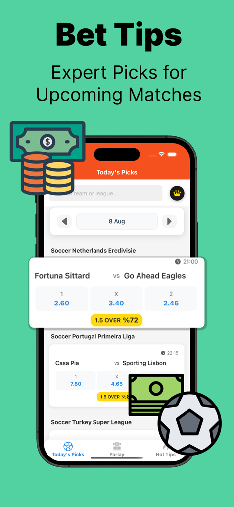 Sports Betting Prediction Tips - Interface of the Sports Betting Prediction Tips app showing daily match picks and soccer betting odds