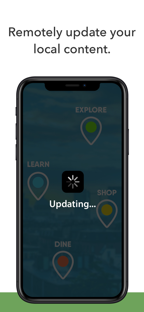 Kiosk Pro Plus - A smartphone screen displaying a remote content update in progress with an 'Updating' status and a loading spinner icon.