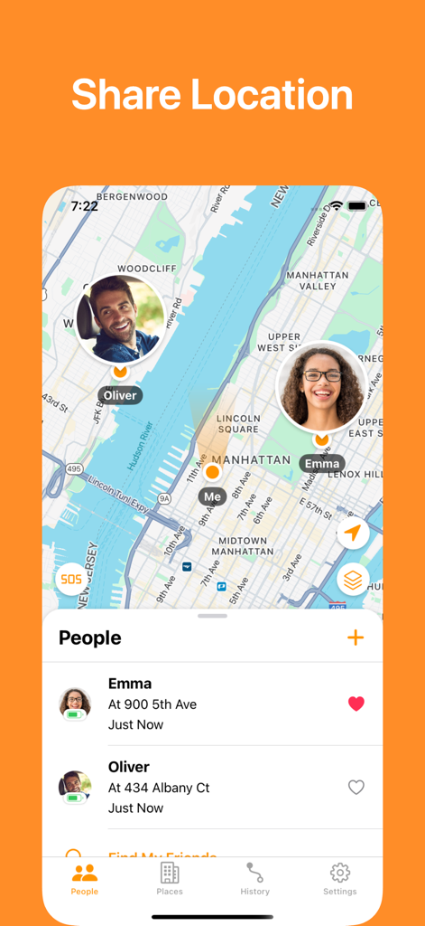 Share Location: Phone Tracker - Mobile app interface showing real time location and battery status of family members on a map