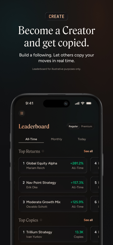 dub | Copy Trade Anyone - Dub app leaderboard displaying top investment returns and popular trader rankings