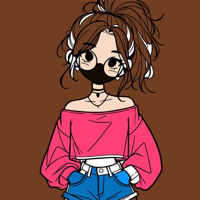 girl with a messy ponytail glasses a baggy crop top and jean shorts