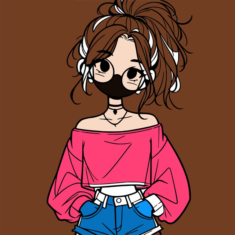 girl with a messy ponytail glasses a baggy crop top and jean shorts