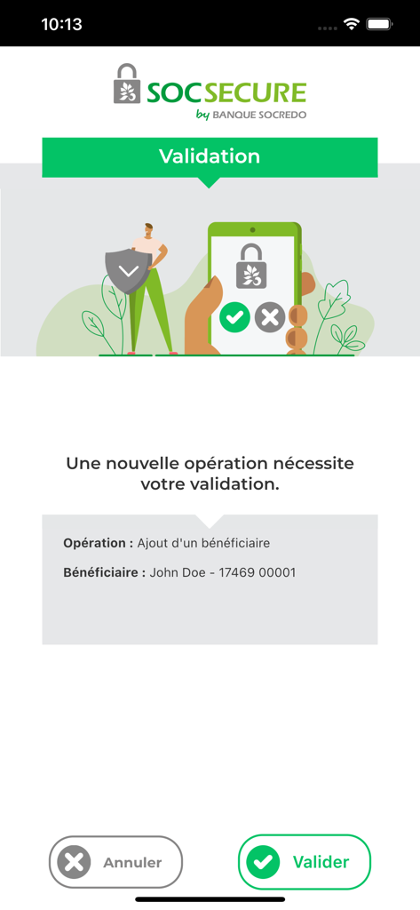 SOC Secure - Banking operation validation screen on the SOC Secure app for Banque SOCREDO.