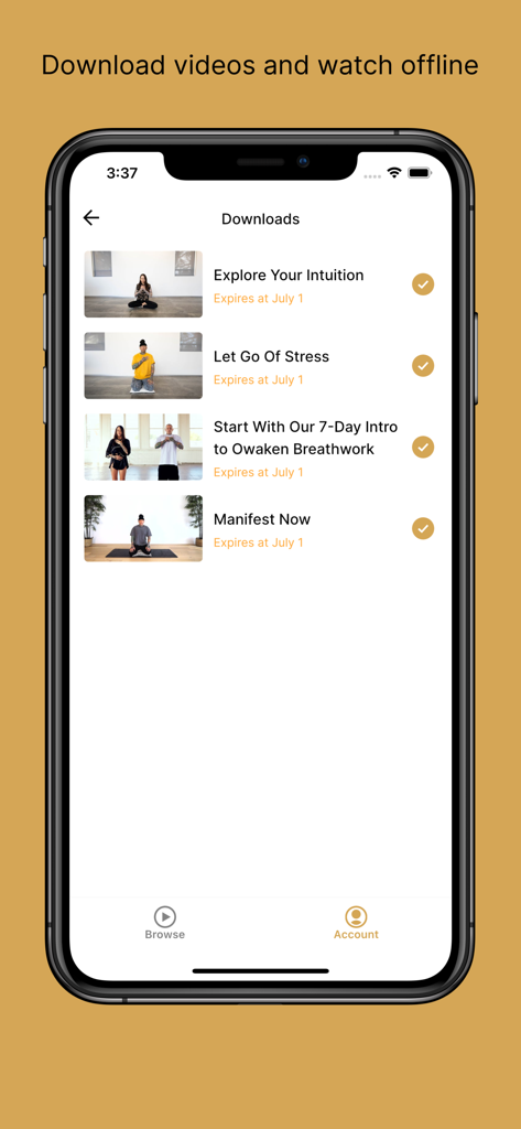 The Owaken Breathwork app downloads screen featuring a list of video classes available for offline viewing including stress relief and intuition sessions