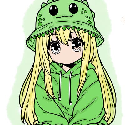 girl with anime shaped eyes with a dinosaur bucket hat oversized sweatshirt long straight hair