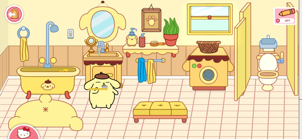 Hello Kitty And Friends World - ポムポムプリンがハローキティと仲間たちの世界のアプリ内のテーマ別バスルームで歯を磨いている。