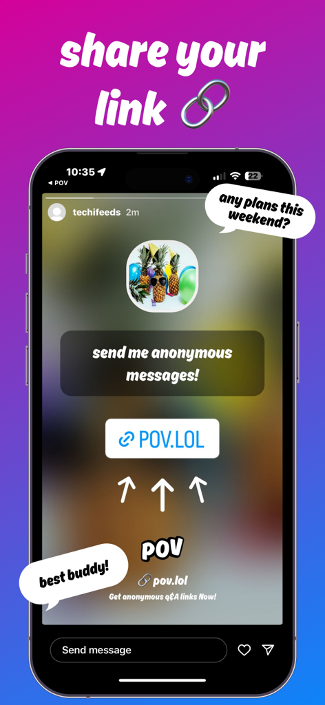 스마트폰 화면에 익명 POV 메시지 링크와 상호작용 가능한 말풍선이 있는 인스타그램 스토리 표시