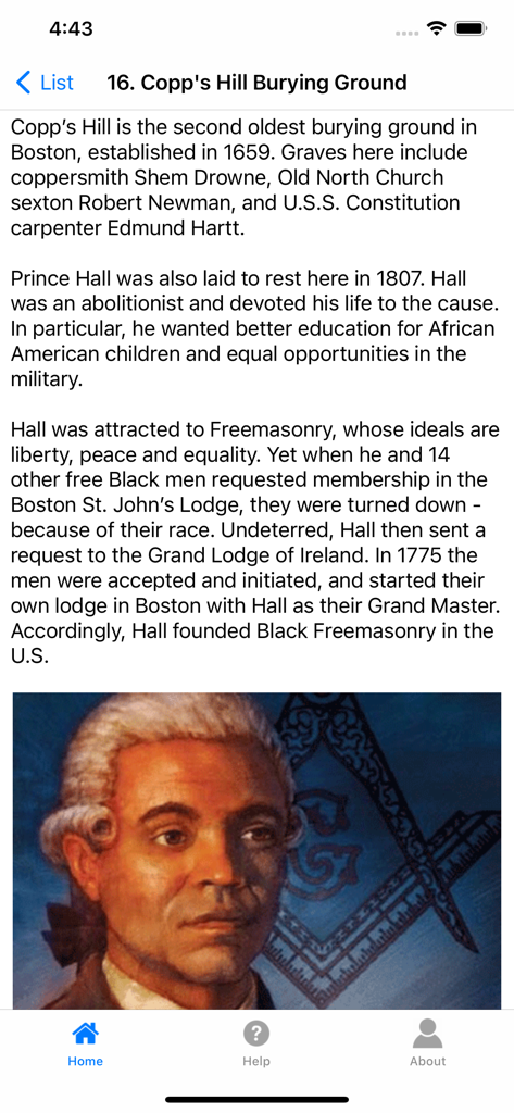 Historic Boston - A screenshot of the Historic Boston app showing historical information about Copps Hill Burying Ground and Prince Hall.