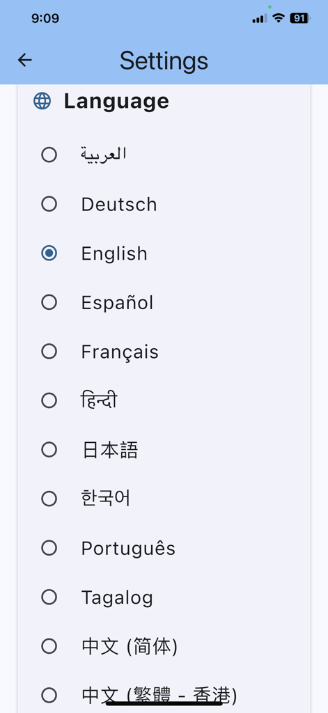 Language selection screen in the MedScan app showing multiple language options like English Spanish and Chinese