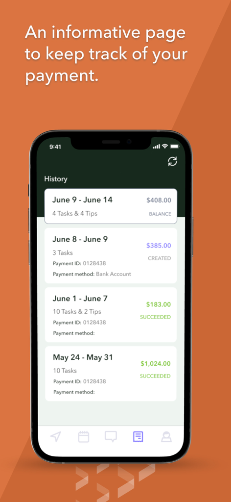Jitsu Drive - Jitsu Drive App-Bildschirm, der die Verdiensthistorie und den Zahlungsstatus eines Fahrers anzeigt