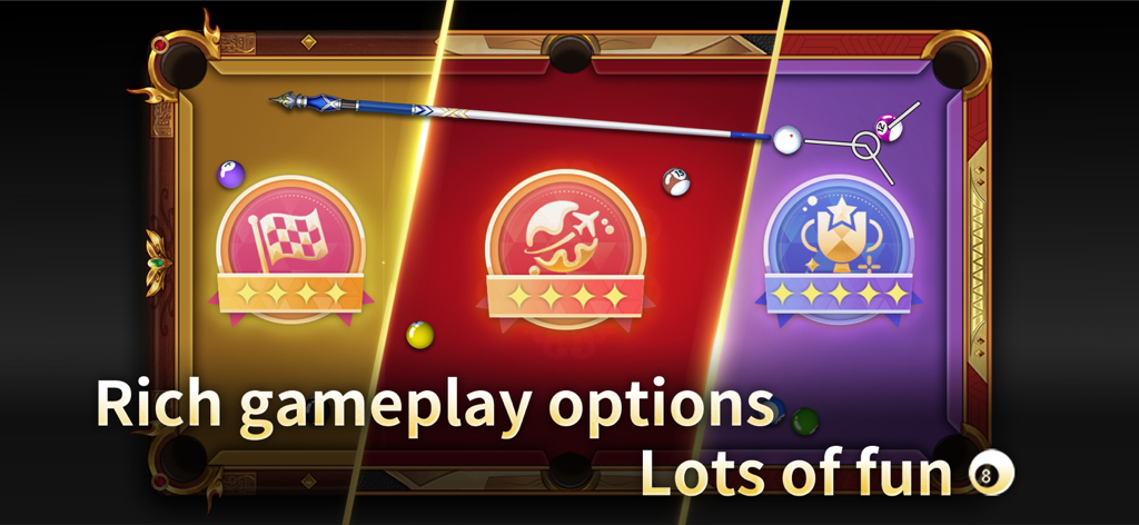 Billiards 8-Ball Pool Master ™ - Billiards 8-Ball Pool Master game screen showing various gameplay options and achievement icons on a pool table