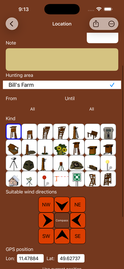 iHunt Journal interface showing hunting stand icons and wind direction compass for tactical planning