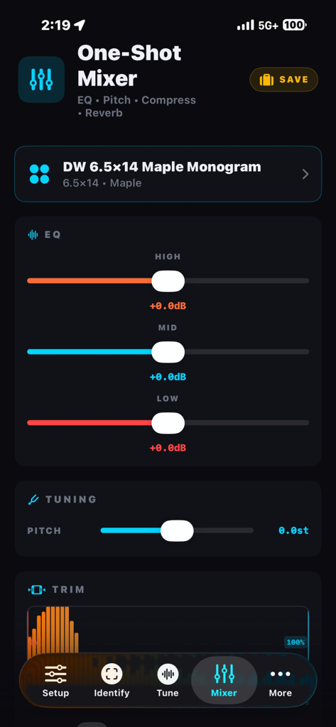 Snare Lab - Interfaz de la aplicación Snare Lab mostrando el Mezclador One Shot con controles de ecualizador, tono y trim para una tarola DW de maple