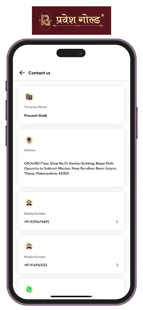Pravesh Gold - Contact page of Pravesh Gold app showing the business address and mobile phone numbers