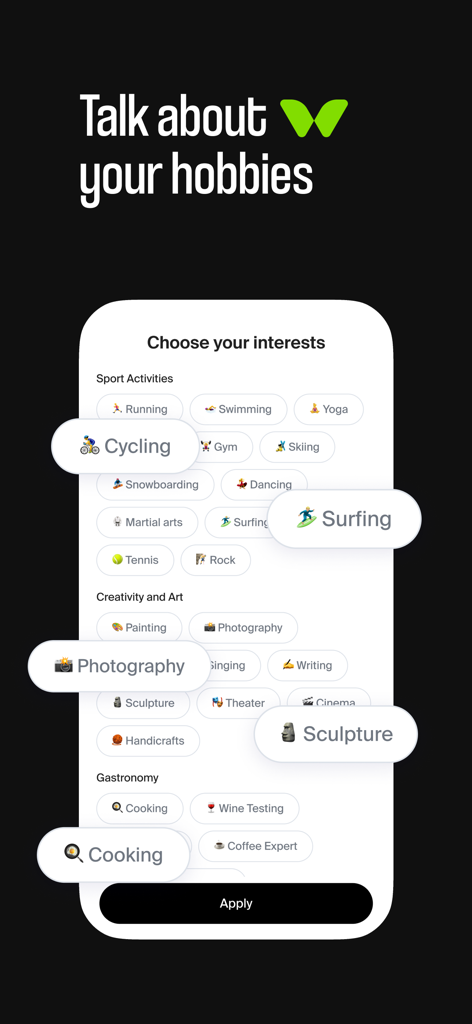 Interface of the Twinby dating app showing a list of hobbies and interests for users to select