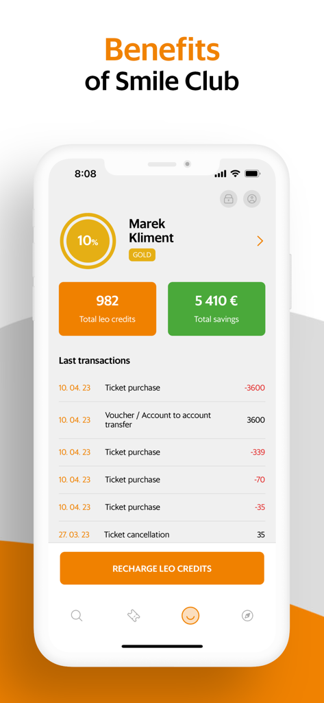 Tableau de bord des récompenses du Smile Club de l'application Leo Express montrant les crédits et l'historique des transactions