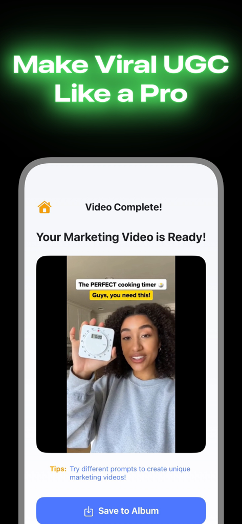 Creatify AI UGC Video Ad Maker - Interface do aplicativo móvel mostrando um vídeo de marketing UGC gerado por IA concluído com um ator segurando um produto e um botão de salvar no álbum