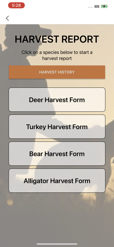 Go Outdoors GA - Screenshot of the harvest report menu in the Go Outdoors GA app showing options for deer turkey bear and alligator forms