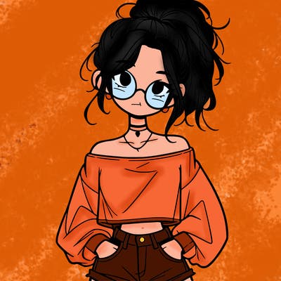 girl with a messy ponytail glasses a baggy crop top and jean shorts