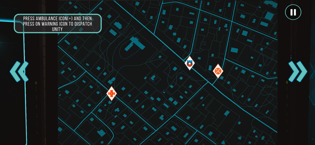 911 Emergency Dispatcher sim - Interfaz de mapa de la ciudad en un simulador de despachador 911 mostrando íconos de ambulancia, policía y servicios de bomberos