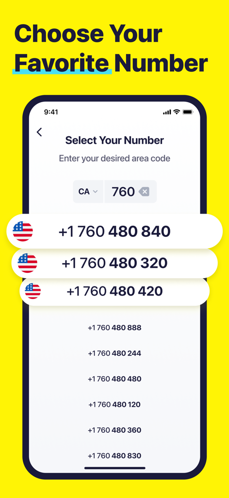 2Phone: Second Phone Number - Benutzeroberfläche der 2Phone App, die eine Liste verfügbarer US-Telefonnummern zur Auswahl basierend auf der Vorwahl anzeigt