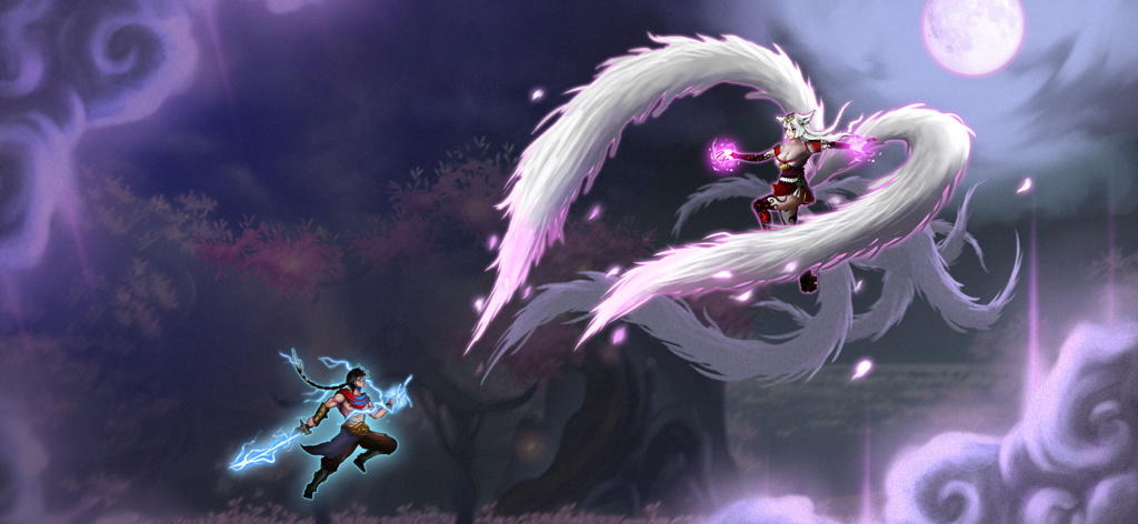 Ninja Adventure: Shadow Legend - ヒーローの忍者が、暗く雰囲気のある森の中で強力なキツネの精霊のボスと戦っている