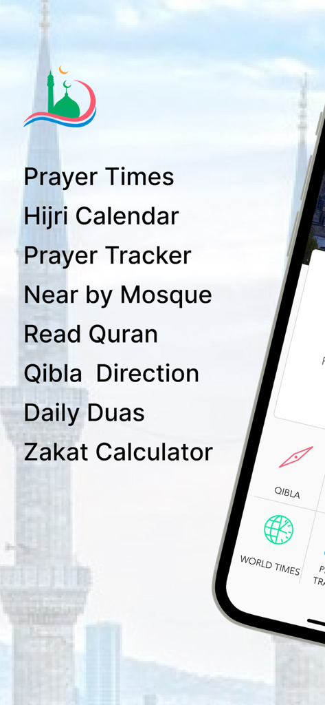 A list of features in the Islamic Prayer Times and Tracker app including prayer times, hijri calendar, and qibla direction