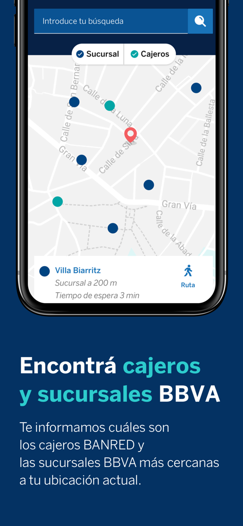 Vista de mapa en la aplicación BBVA Uruguay mostrando sucursales bancarias y cajeros automáticos cercanos con tiempos de espera