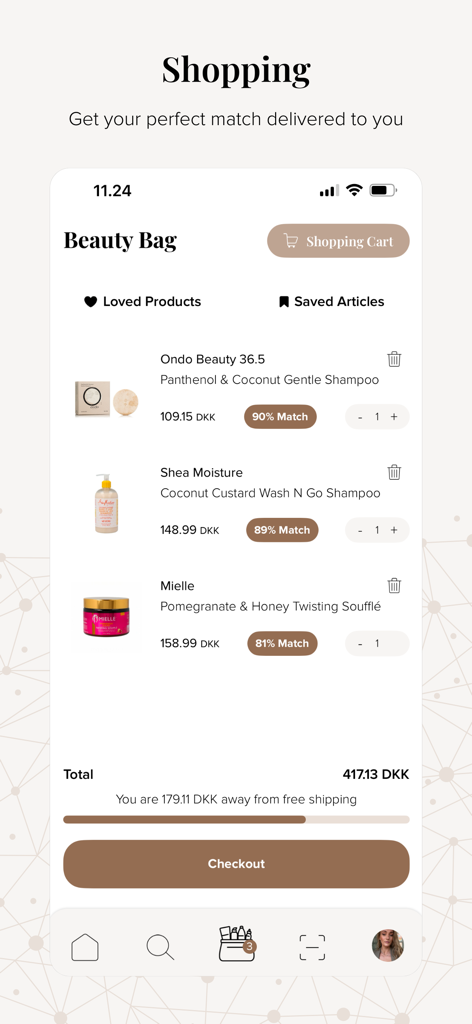 Compar - AI Hair Care Advisor - A mobile app shopping cart screen called Beauty Bag showing hair care products with AI match percentages and a checkout button.