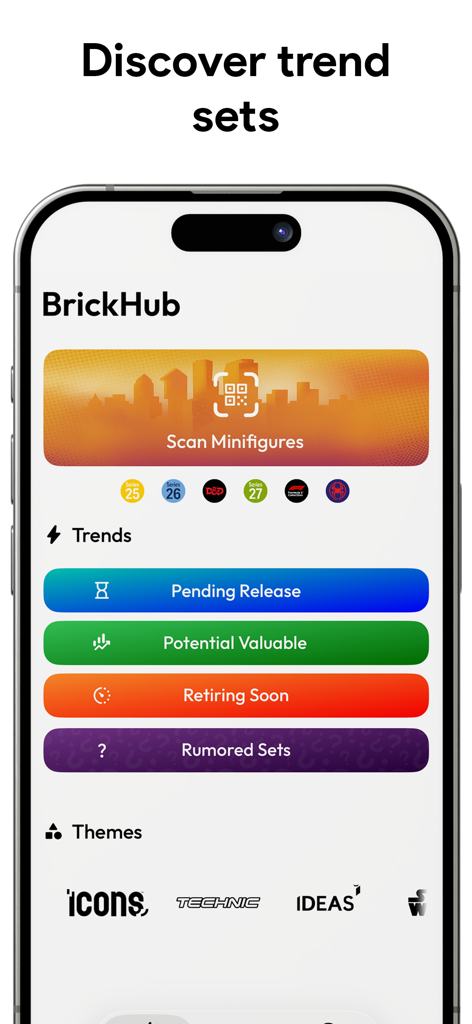 BrickHub app interface showing LEGO minifig scanner and collection trend categories
