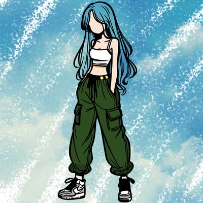 girl in baggy pants crop top and long hair