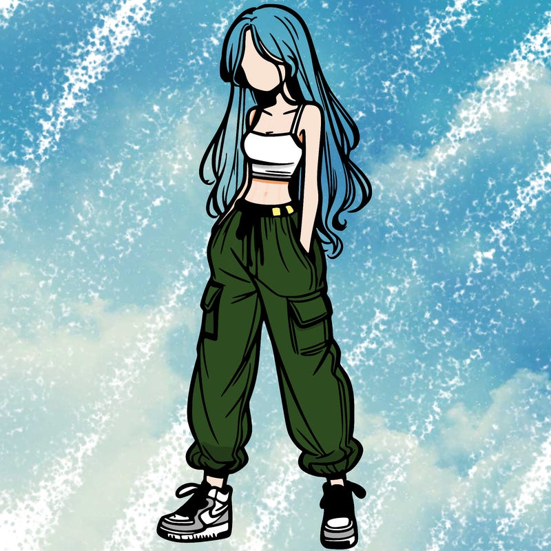 girl in baggy pants crop top and long hair
