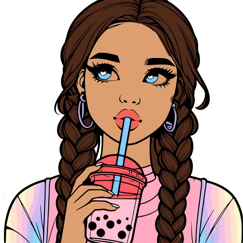 realistic girl with braided hair drinking boba