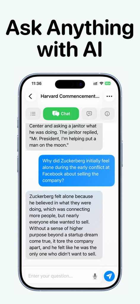 Noota - AI Note Taker - A smartphone showing the Noota app AI chat feature where a user asks a question about a transcript of a Harvard commencement speech and receives an AI-generated answer.