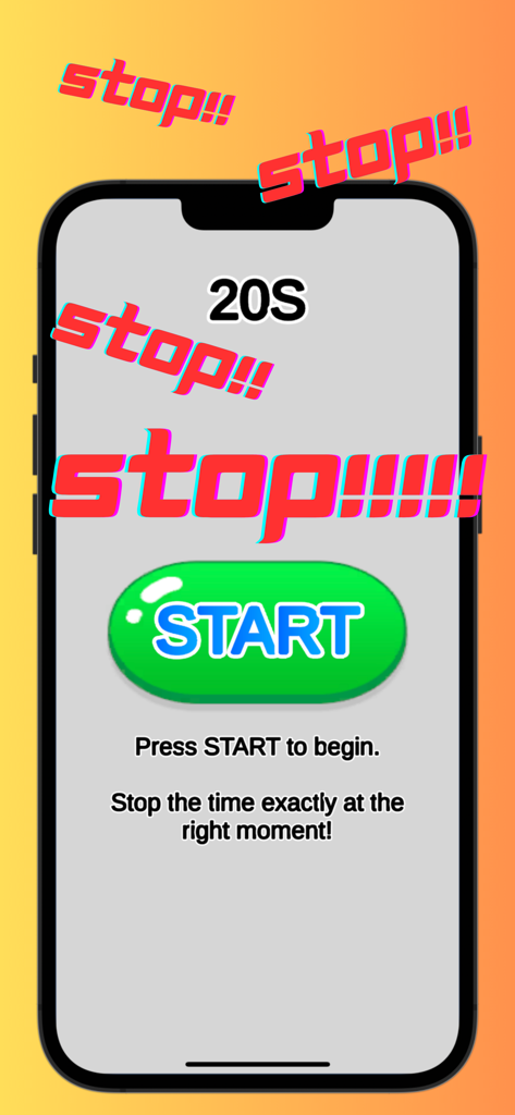 STOP!!TIMER!!! - Schermata iniziale dell'app mobile del gioco STOP TIMER che mostra un pulsante verde di avvio e l'obiettivo di 20 secondi.