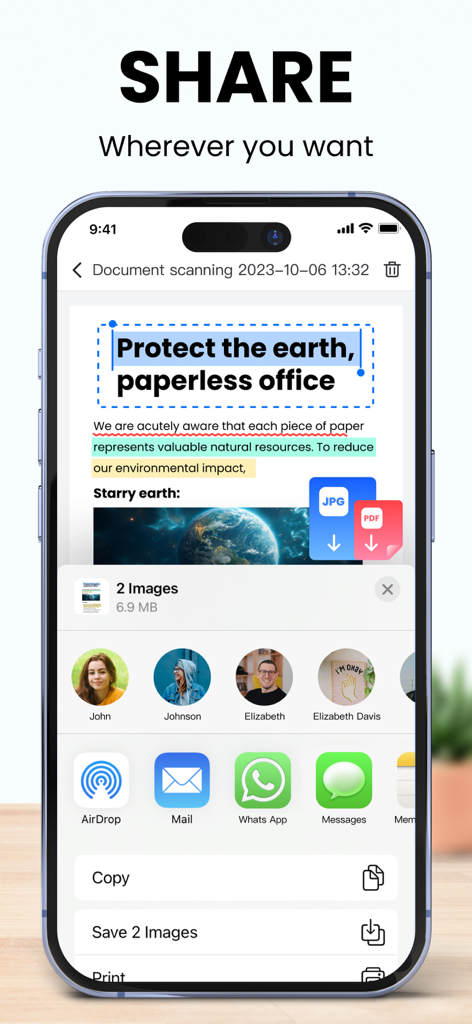 LightPDF Scanner mobile app showing document sharing options and the paperless office concept
