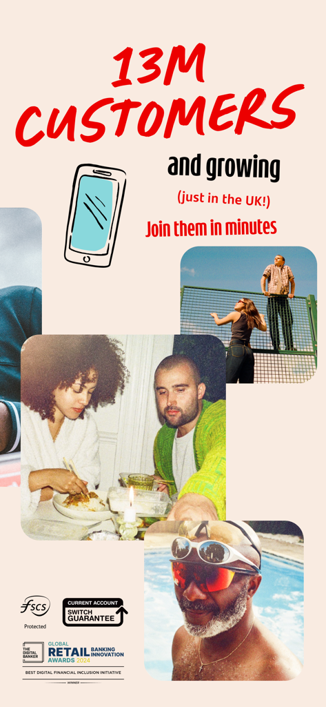 Pantalla promocional de la aplicación Santander Banca Móvil destacando 13 millones de clientes en el Reino Unido con fotos de estilo de vida.