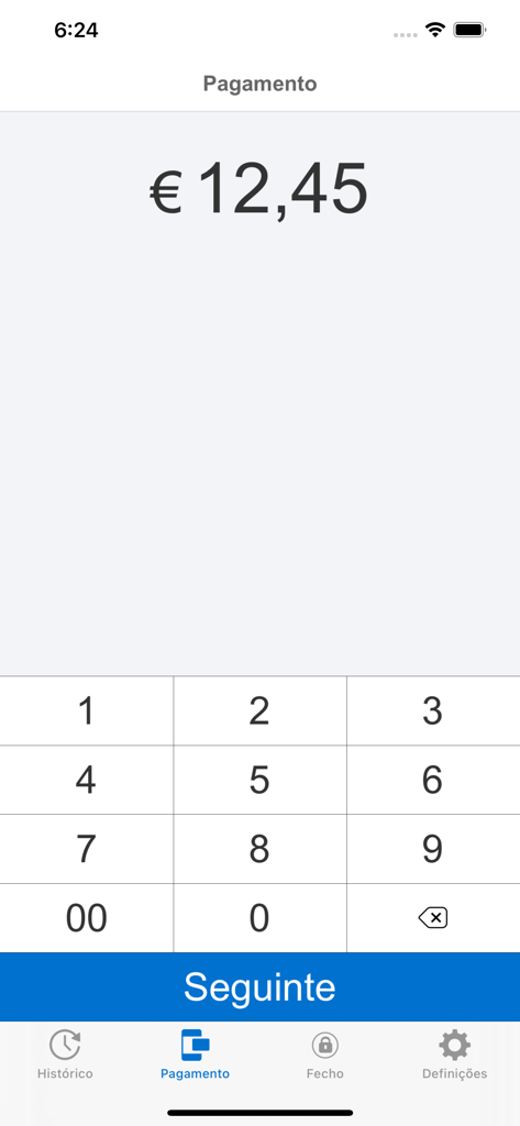App Caixa Pay mobile payment interface showing a numeric keypad and total amount in Euros