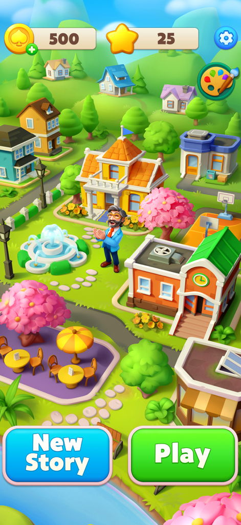 Solitaire Story - Colorful town map in Solitaire Story showing restored buildings and a cheerful character