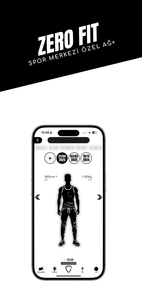 Interfaz de la aplicación Zero Fit mostrando medidas corporales y progreso de fitness.