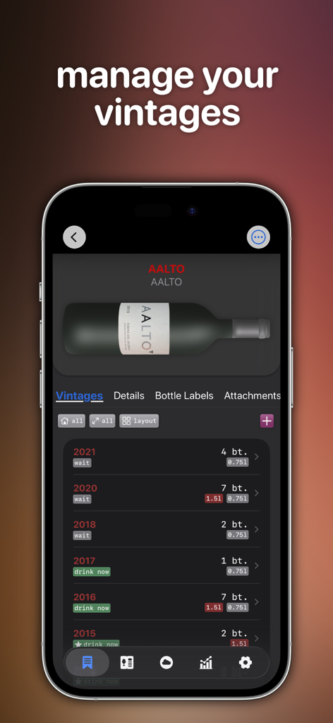 Wine Cellar Manager - A mobile app screen displaying a list of wine vintages with status labels and bottle quantities.