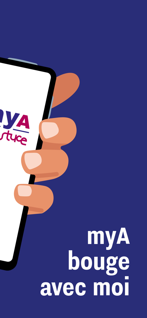 My Astuce - Hand holding a smartphone showing the My Astuce transit app logo and slogan on a blue background