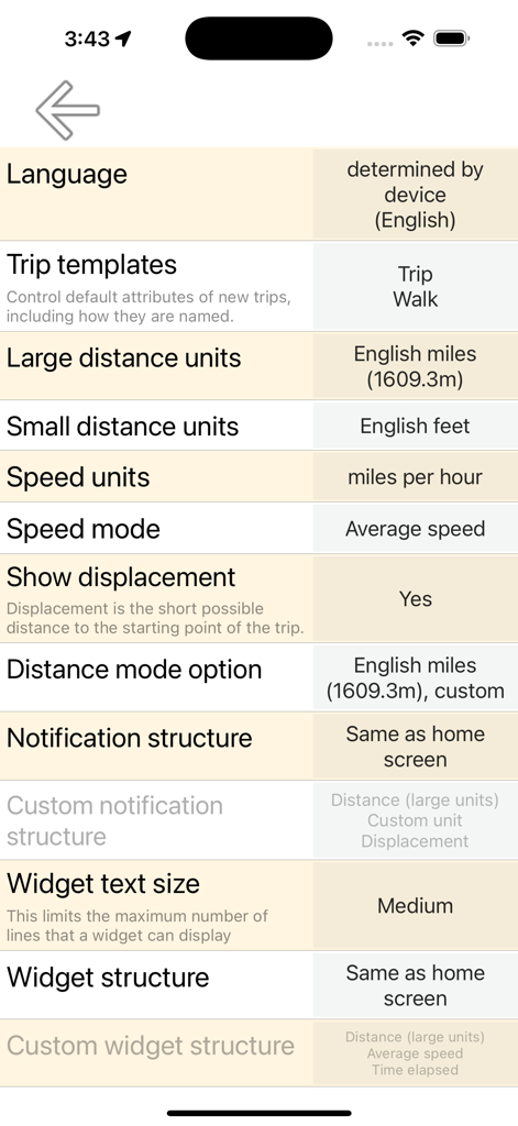 Menú de configuración en GPS Odometer Pro que muestra opciones de personalización de viaje y unidades.